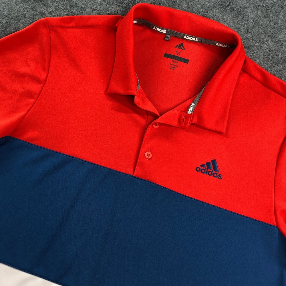 Adidas GOLF Mens Polo Shirt Medium Red Blue Multi-Color Colorblock Short Sleeve